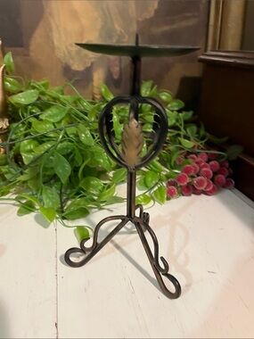BRUTALIST Candle Holder - Wrought Iron With Gold Leaf Trim - Ornate Decor - VTG
